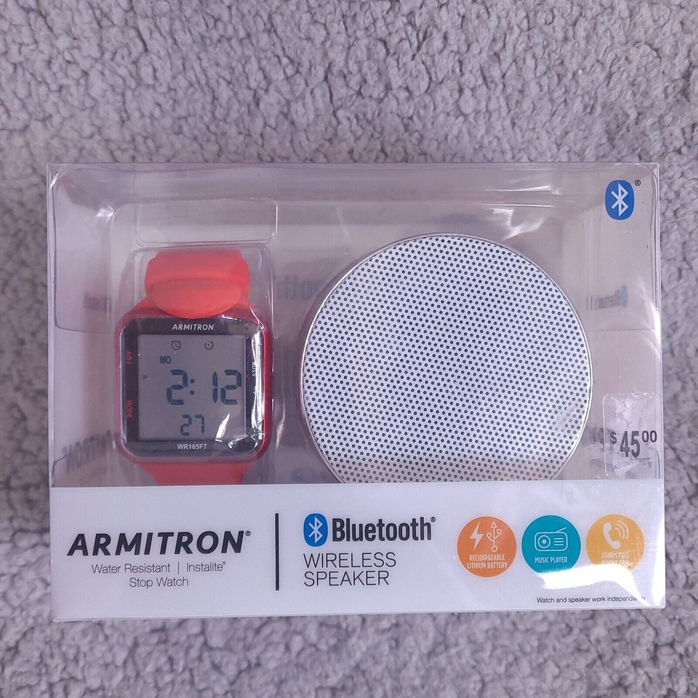 Armitron Digital Sport Watch‎ and Bluetooth Wireless Speaker Set Red Stop Watch